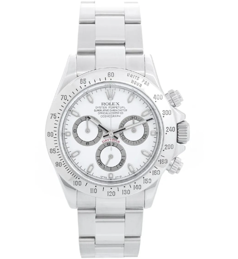 Rolex Daytona 116520 stainless steel chronograph watch with white dial, three subdials, and black and silver accents